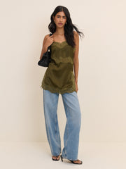 Khaki Lace Trim Satin Cami Top