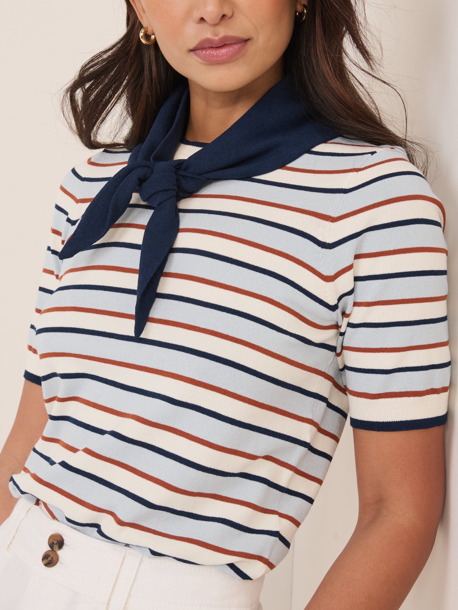 Blue Striped Tie Neck T-Shirt