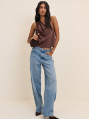 Brown Cowl Neck Satin Top