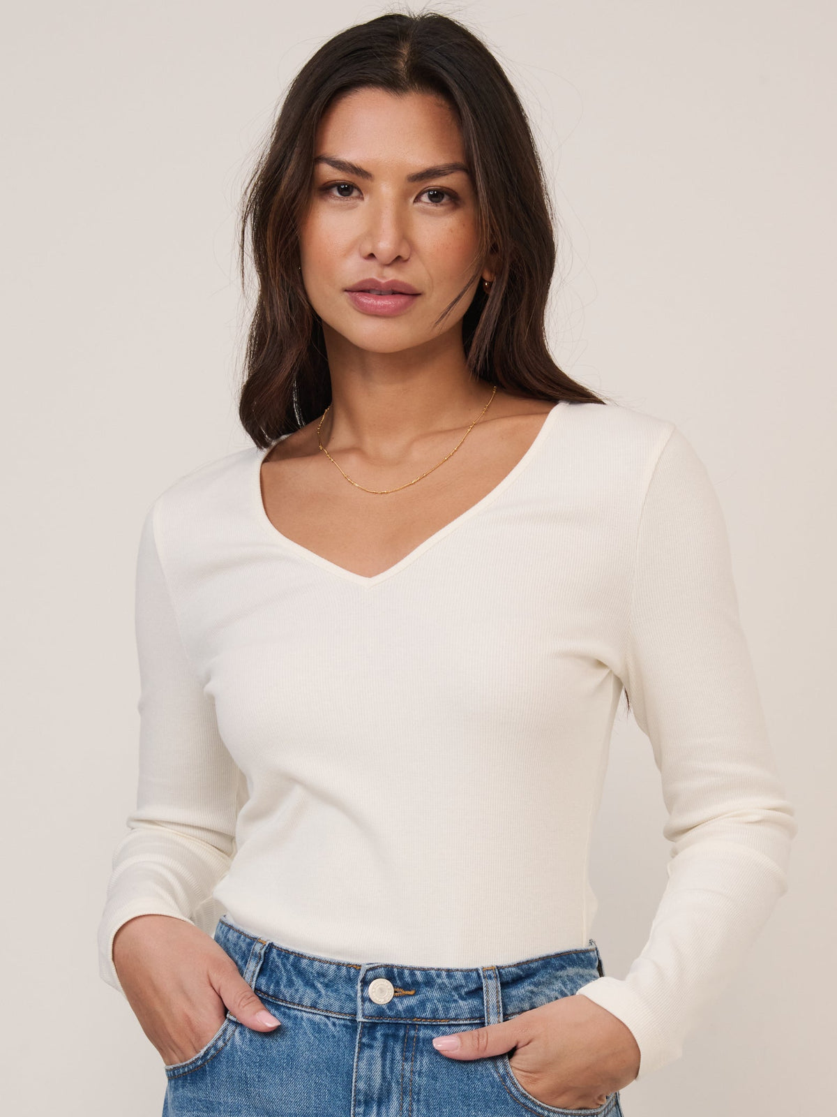 Cream V-Neck Long Sleeve Ribbed Top