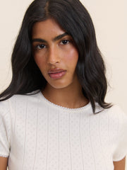 White Pointelle Lace Trim Tee