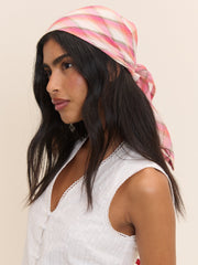 Pink and White Check Print Square Scarf