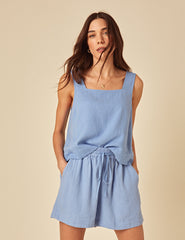 Blue Linen-Blend Drawstring Jet Shorts