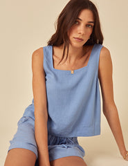 Blue Linen-Blend Drawstring Jet Shorts