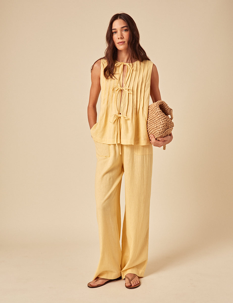 Butter Yellow Linen-Blend Tie Front Top