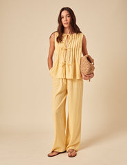 Butter Yellow Linen-Blend Tie Front Top