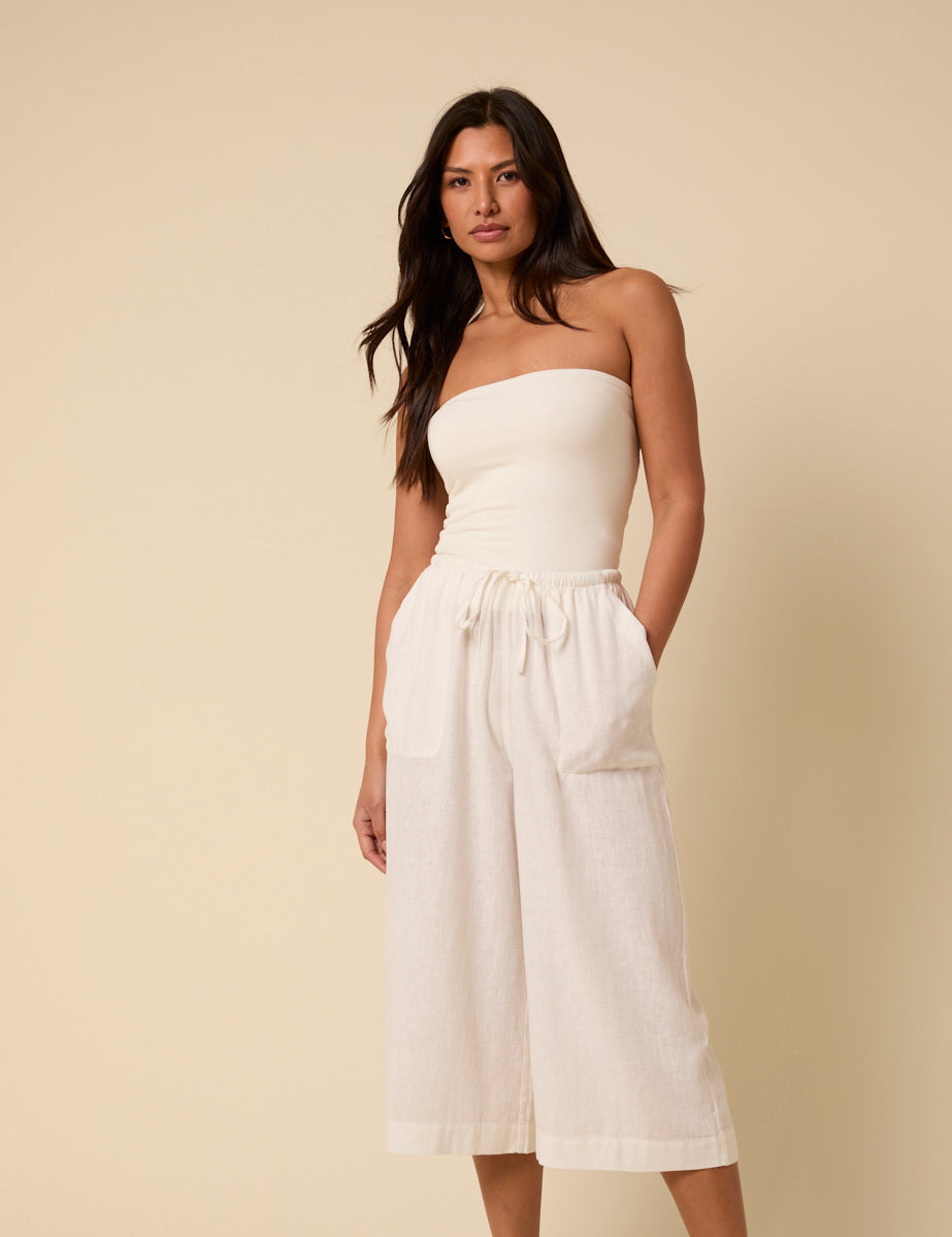 White Cropped Wide Leg Linen-Blend Shona Trousers