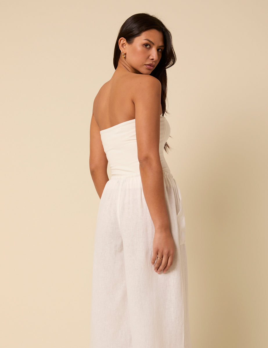 White Cropped Wide Leg Linen-Blend Shona Trousers