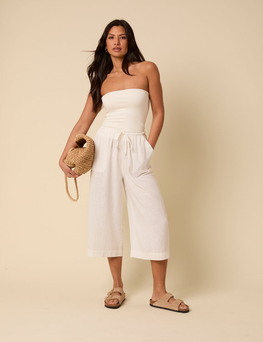 White Cropped Wide Leg Linen-Blend Shona Trousers