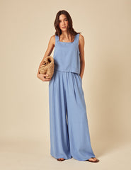 Blue Linen-Blend Wide Leg Jerrow Trousers