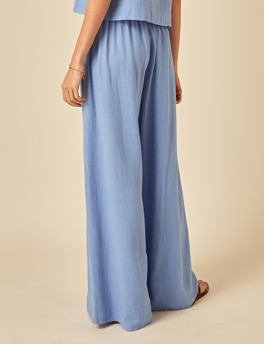 Blue Linen-Blend Wide Leg Jerrow Trousers