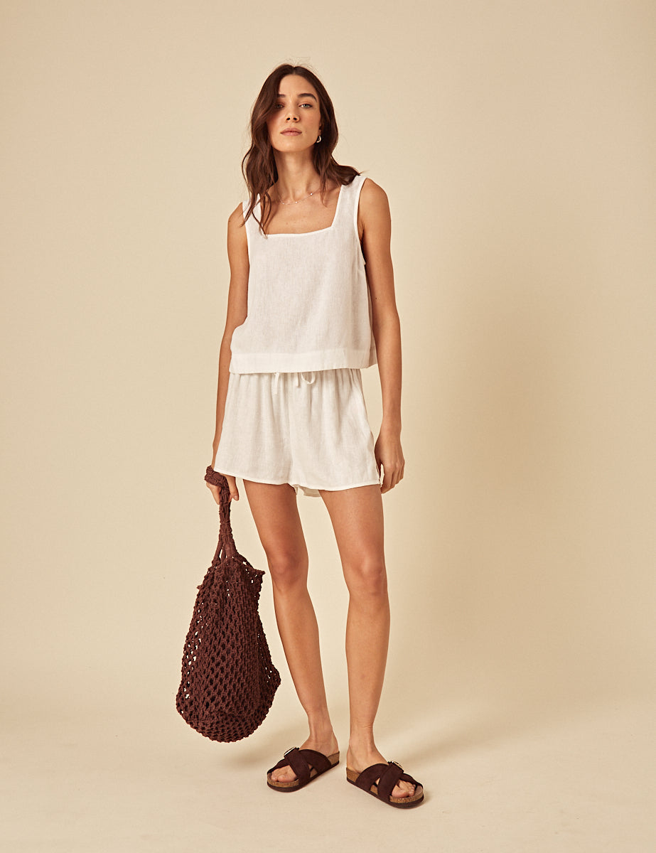 White Linen-Blend Drawstring Shorts
