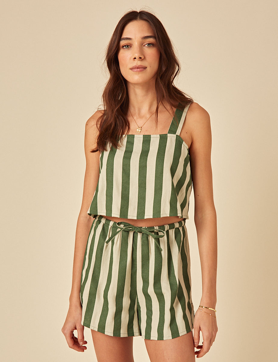 Green Striped Linen-Blend Shorts