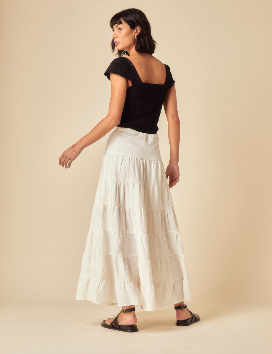 White Linen-Blend Tie Waist Tiered Skirt