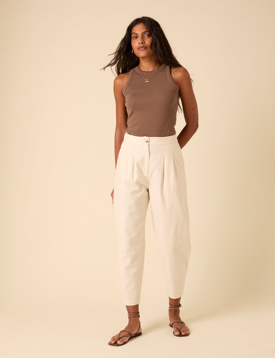 Cream Linen-Blend Barrel Leg Trousers