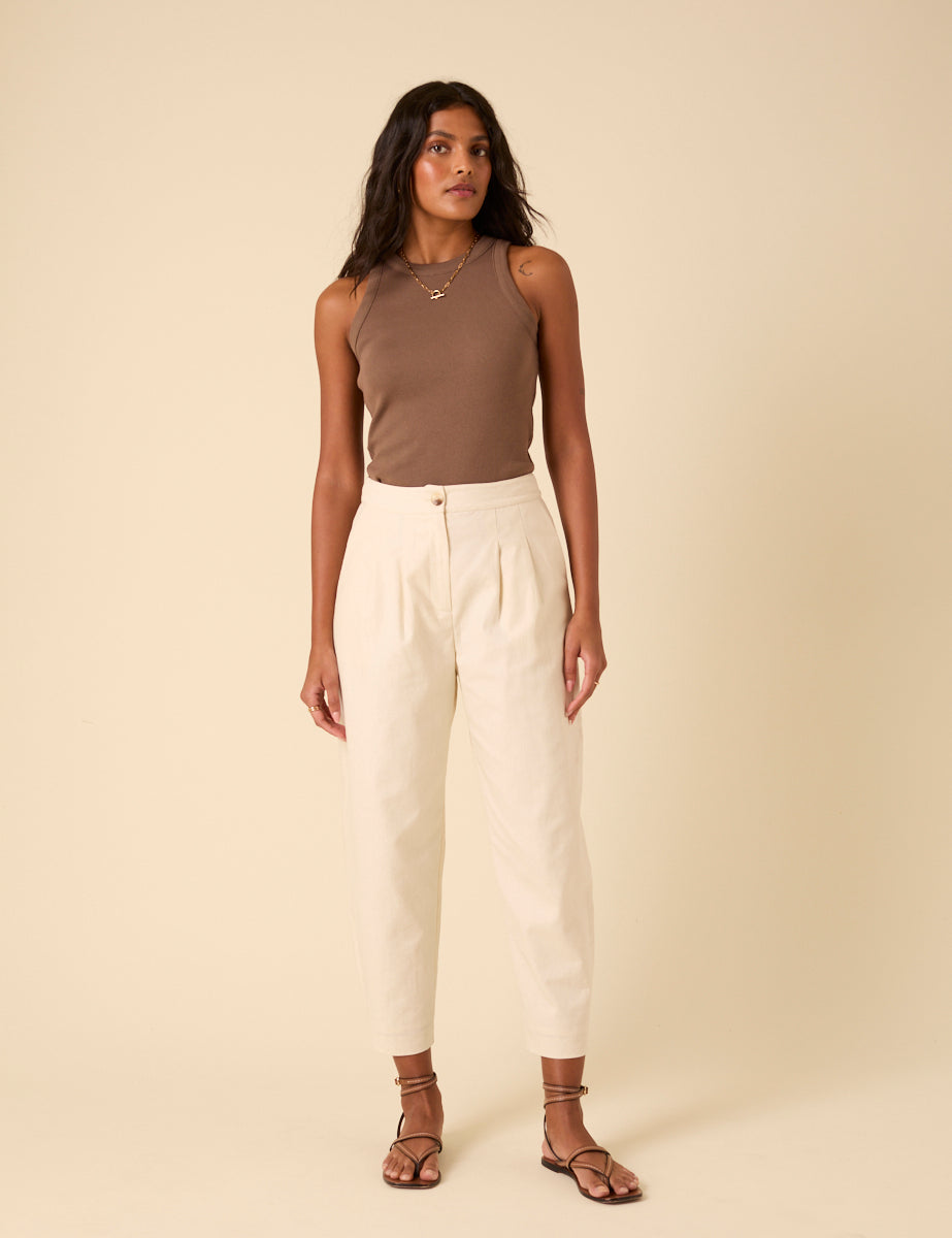 Cream Linen-Blend Barrel Leg Trousers