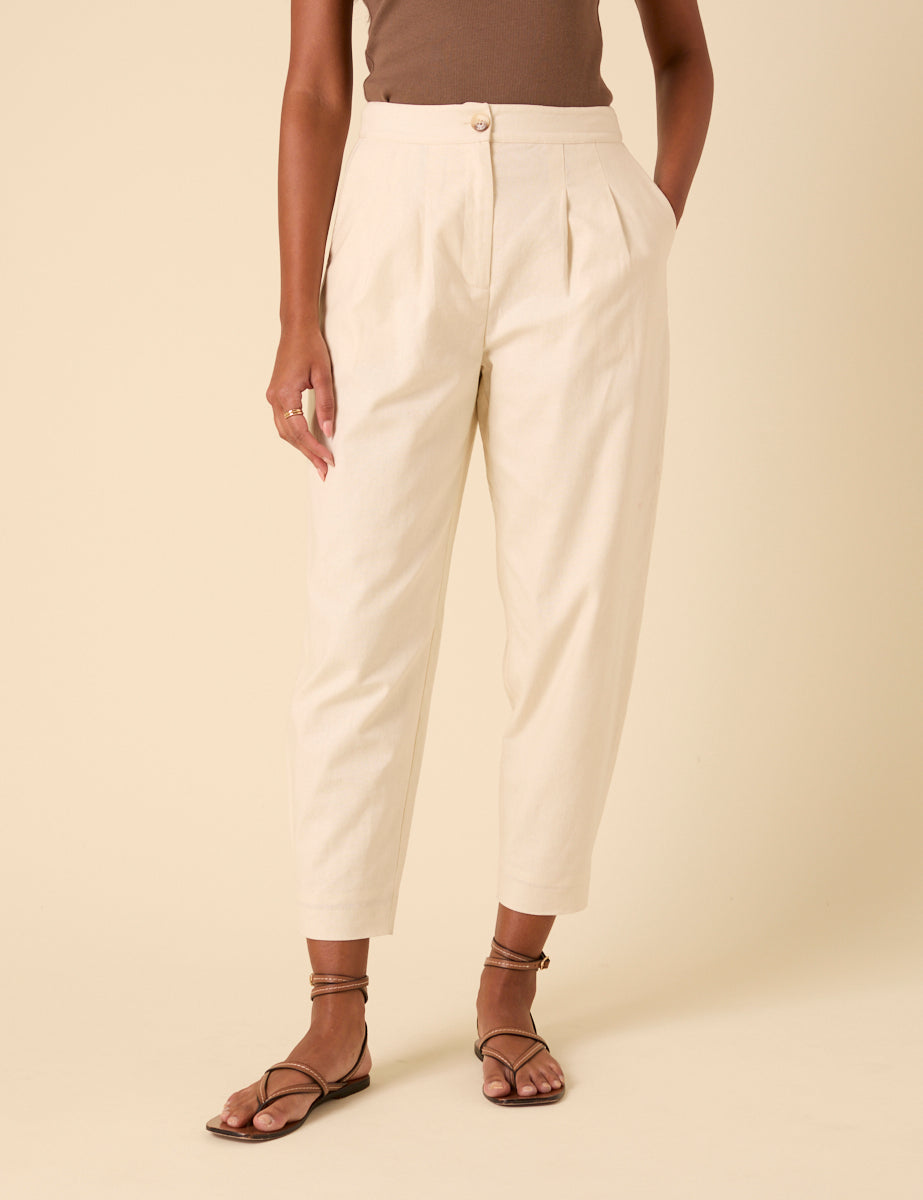 Cream Linen-Blend Barrel Leg Trousers