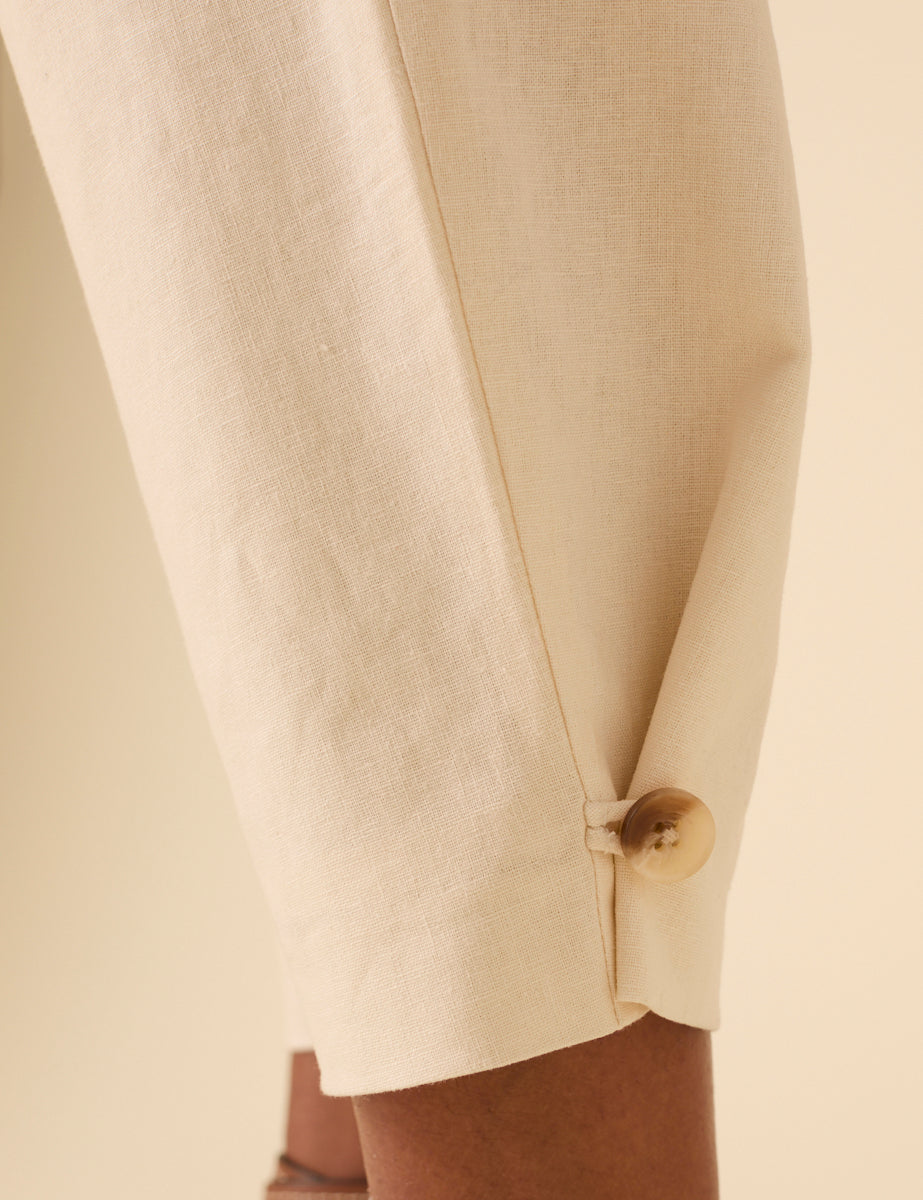 Cream Linen-Blend Barrel Leg Trousers