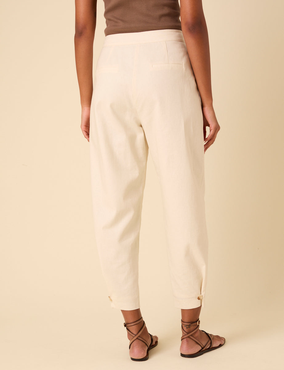 Cream Linen-Blend Barrel Leg Trousers
