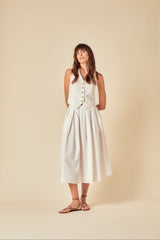 White Linen-Blend Pleated Tailored Midi Skirt