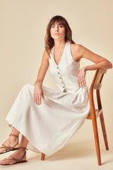 White Linen-Blend Pleated Tailored Midi Skirt