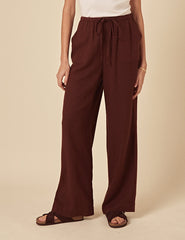Brown Linen-Blend Wide Leg Trousers