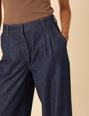 Dark Blue High Rise Pleated Tailored Jeans