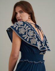 Navy Floral Embroidered Tiered Suzie Midi Dress
