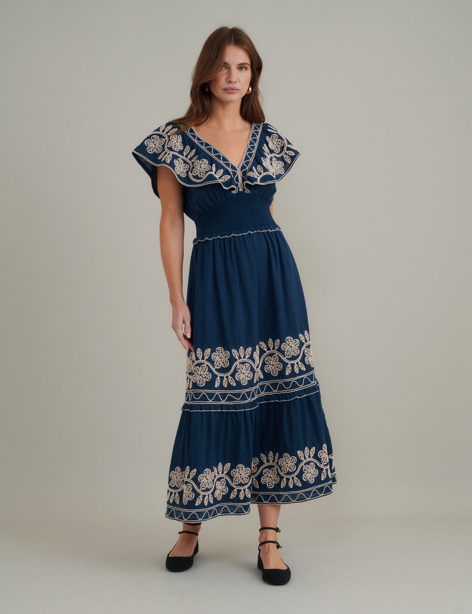 Navy Floral Embroidered Tiered Suzie Midi Dress