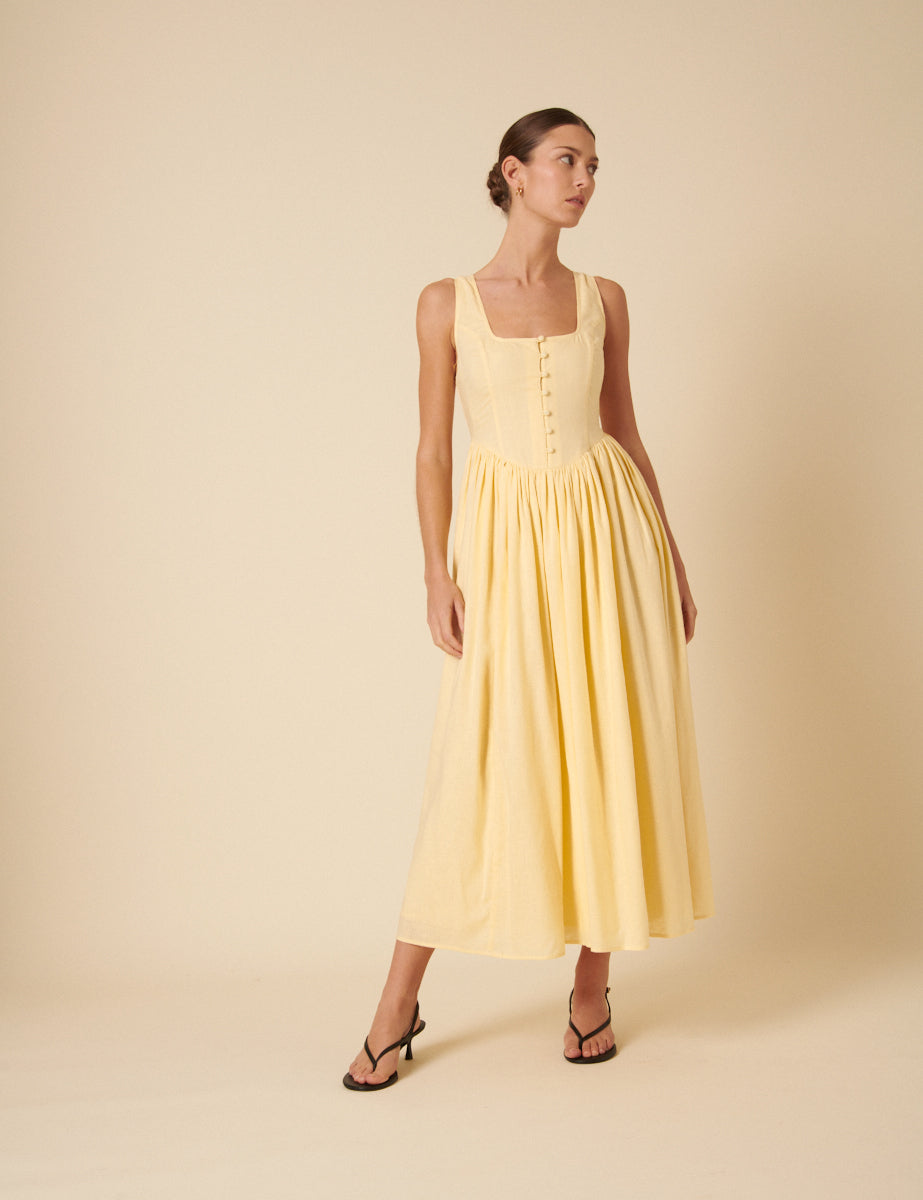 Butter Yellow Drop Waist Cora Midi Dress