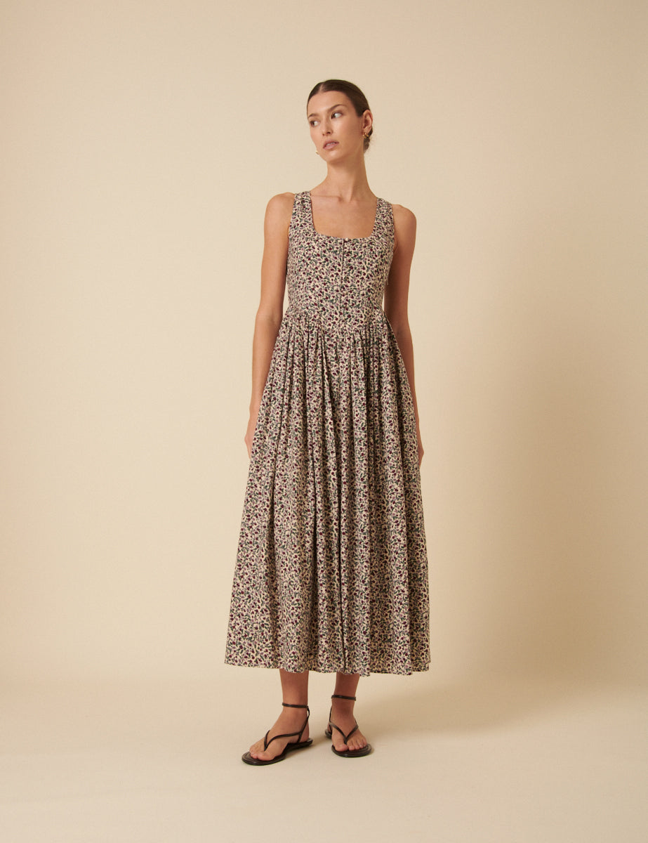 Cream Ditsy Floral Drop Waist Cora Midi Dress