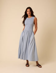 Blue Shirred Bodice Billie Jersey Midi Dress