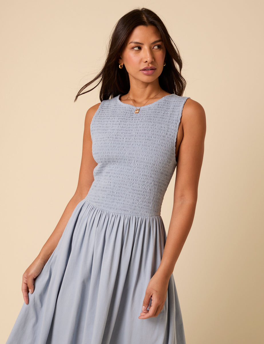 Blue Shirred Bodice Billie Jersey Midi Dress