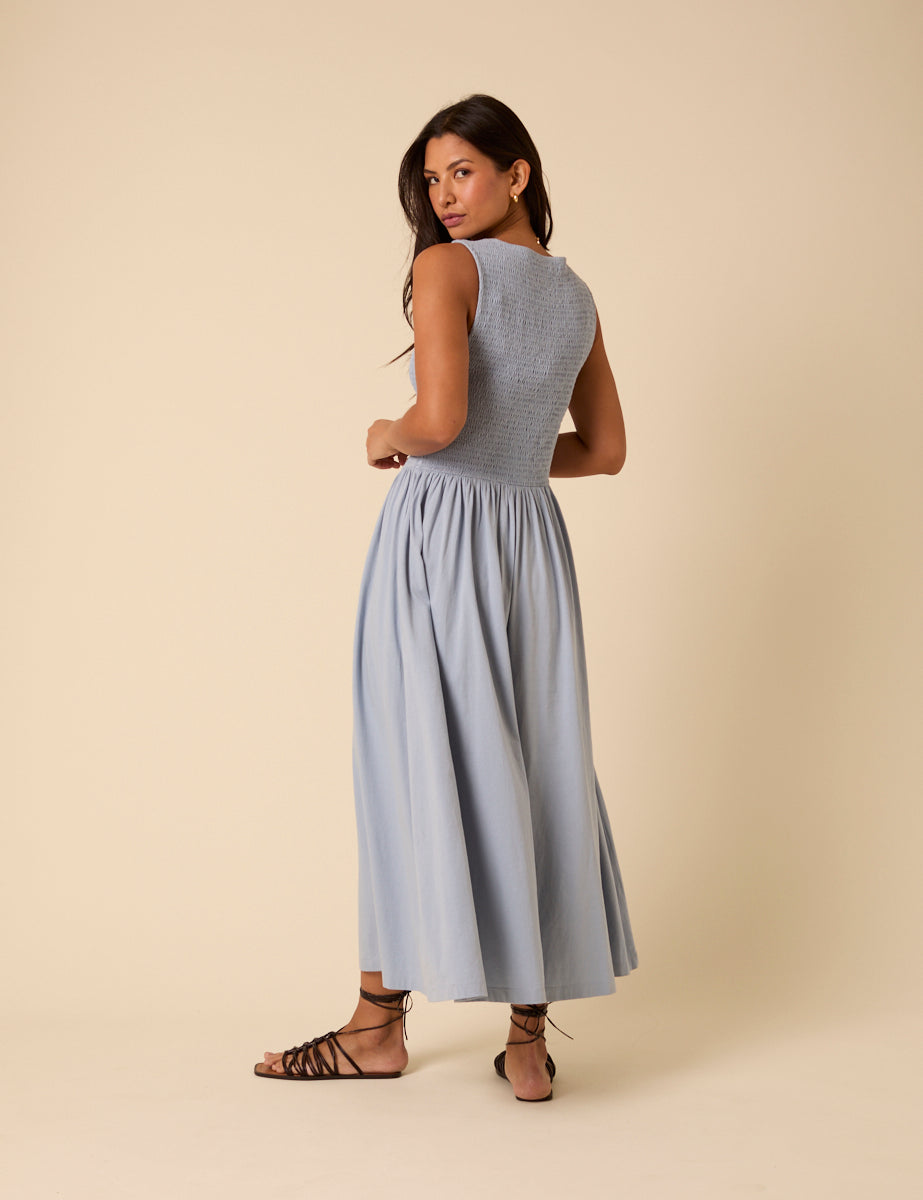 Blue Shirred Bodice Billie Jersey Midi Dress