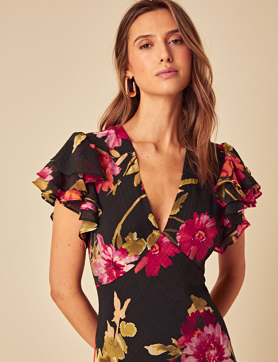 Black Floral Layla Midi Dress