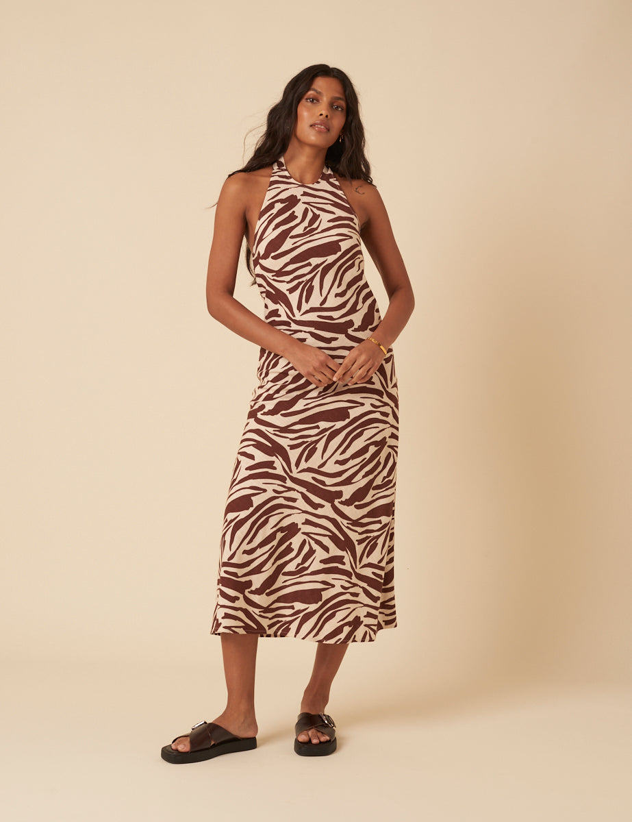 Zebra Print Halterneck Anna Midi Dress