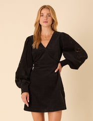Black Cord Balloon Sleeve Bree Mini Dress