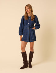 Dark Blue Denim Carlee Tie Waist Mini Dress