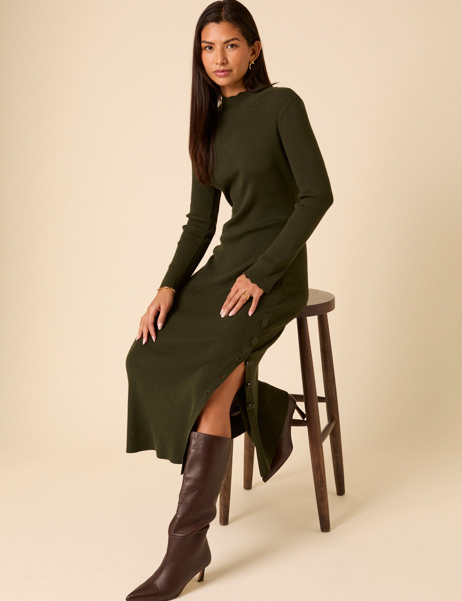 Dark Green Knitted Long Sleeve Midi Dress