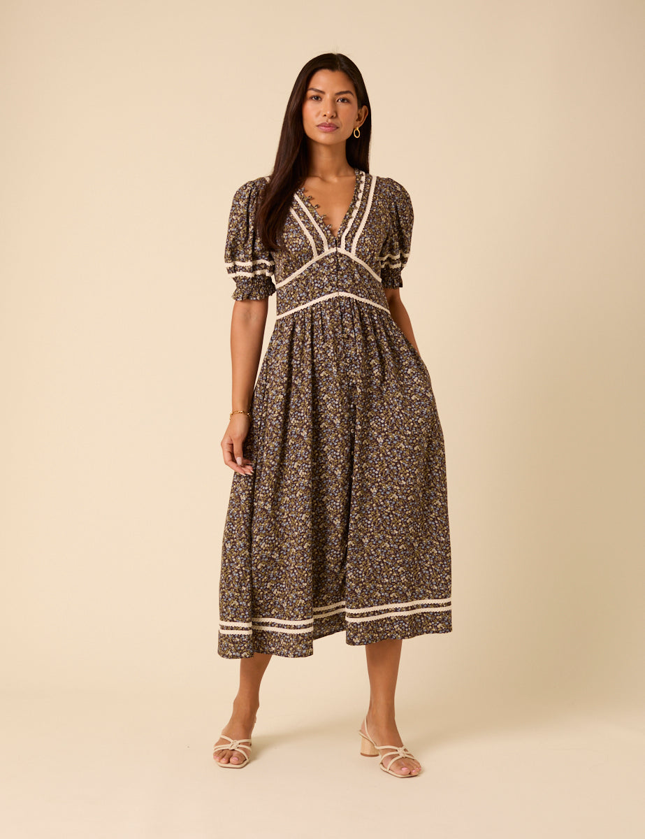Brown Ditsy Floral Puff Sleeve Saffy Midi Dress