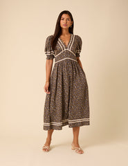 Brown Ditsy Floral Puff Sleeve Saffy Midi Dress