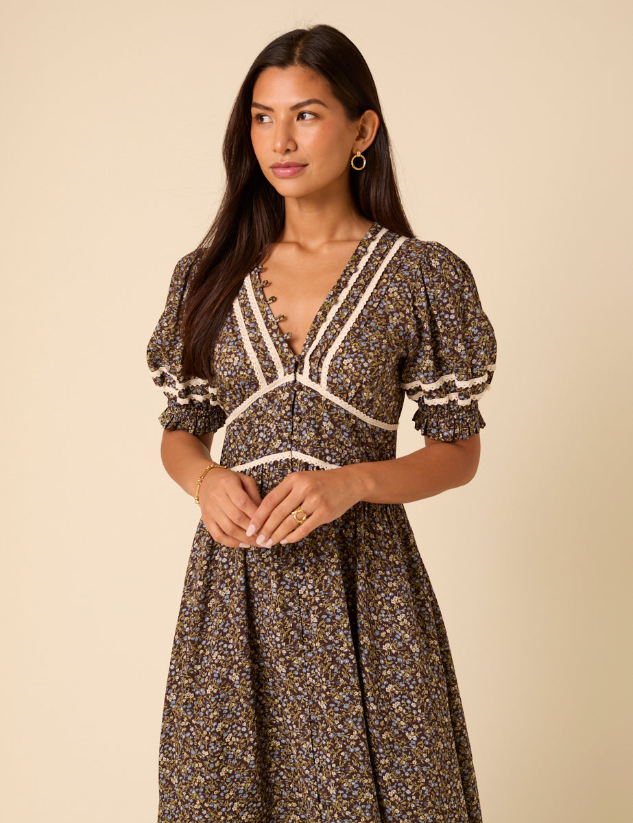 Brown Ditsy Floral Puff Sleeve Saffy Midi Dress