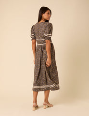 Brown Ditsy Floral Puff Sleeve Saffy Midi Dress