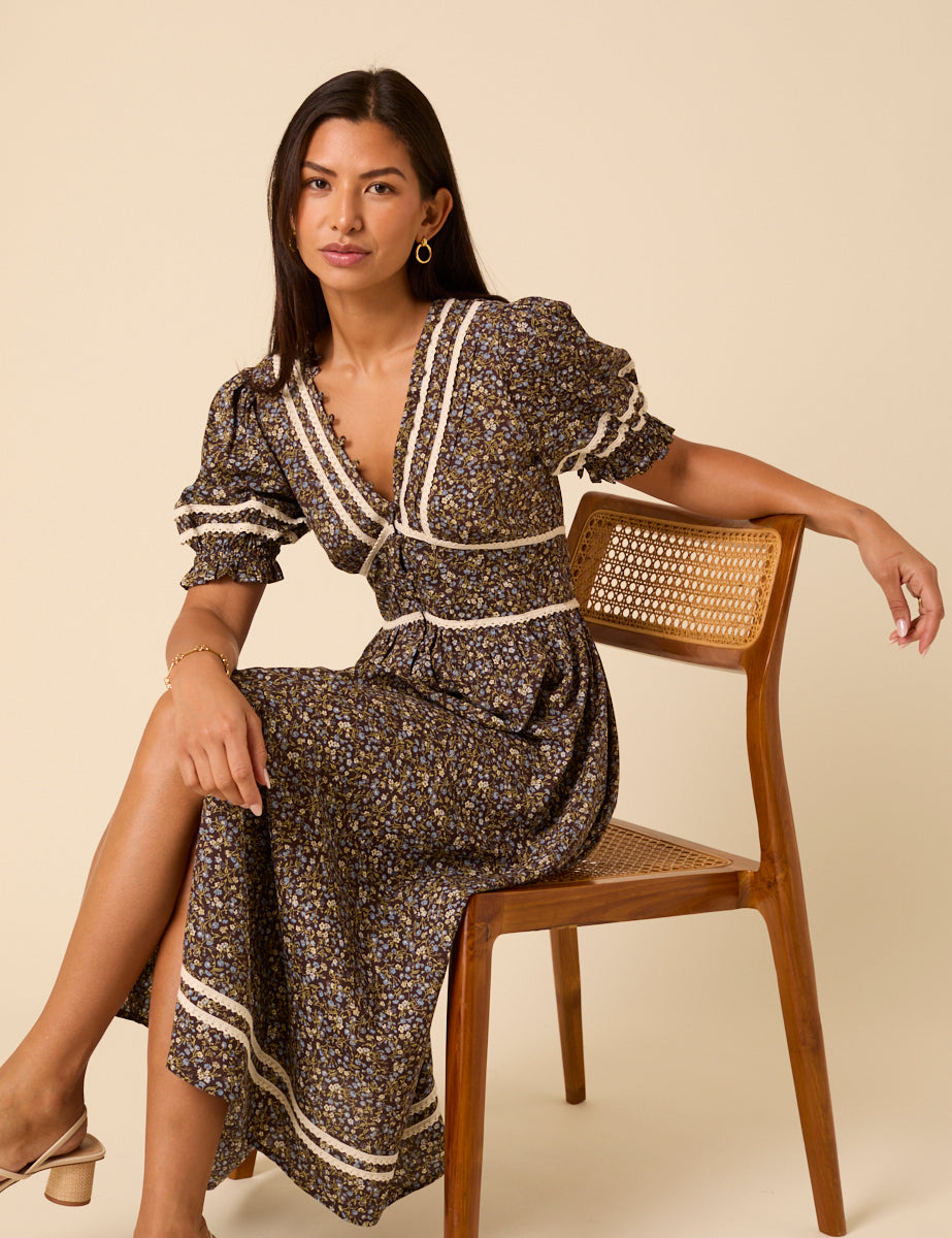 Brown Ditsy Floral Puff Sleeve Saffy Midi Dress