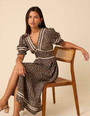 Brown Ditsy Floral Puff Sleeve Saffy Midi Dress