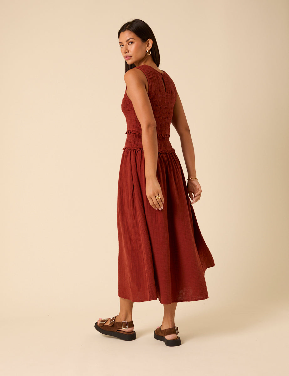 Red Shirred Bodice Ingrid Midi Dress