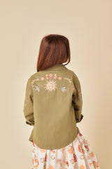 Girls Green Denim Embroidered Shacket