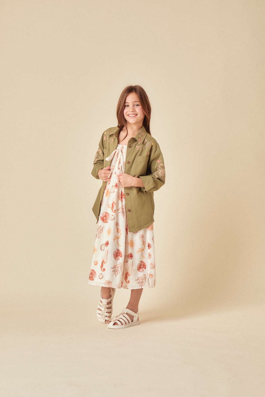 Girls Green Denim Embroidered Shacket