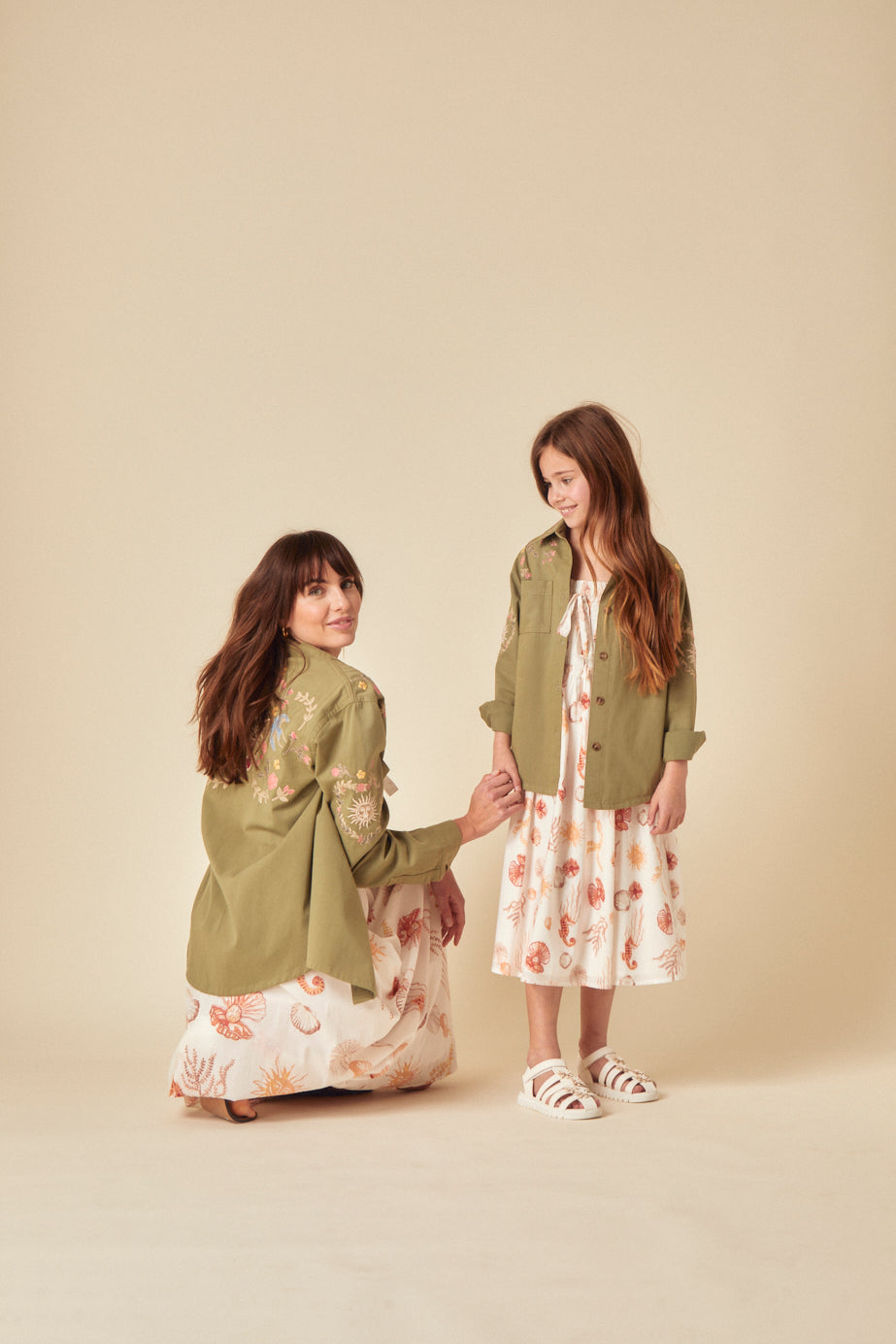 Girls Green Denim Embroidered Shacket