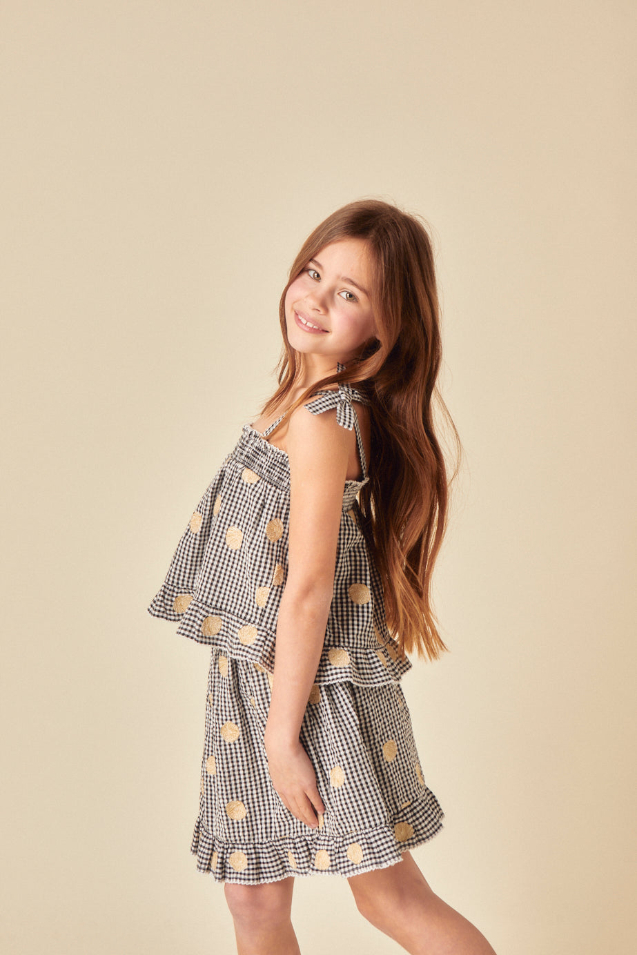 Girls Black Gingham Shell Embroidered Skirt